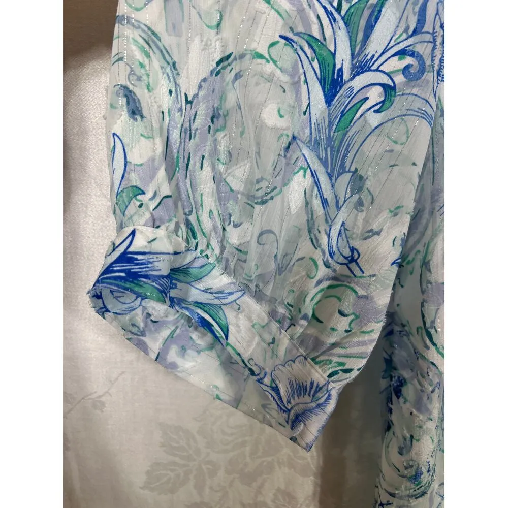 Chicos Tunic 3 XL White Blue Floral Silver Thread Sheer Burnout - Image 3