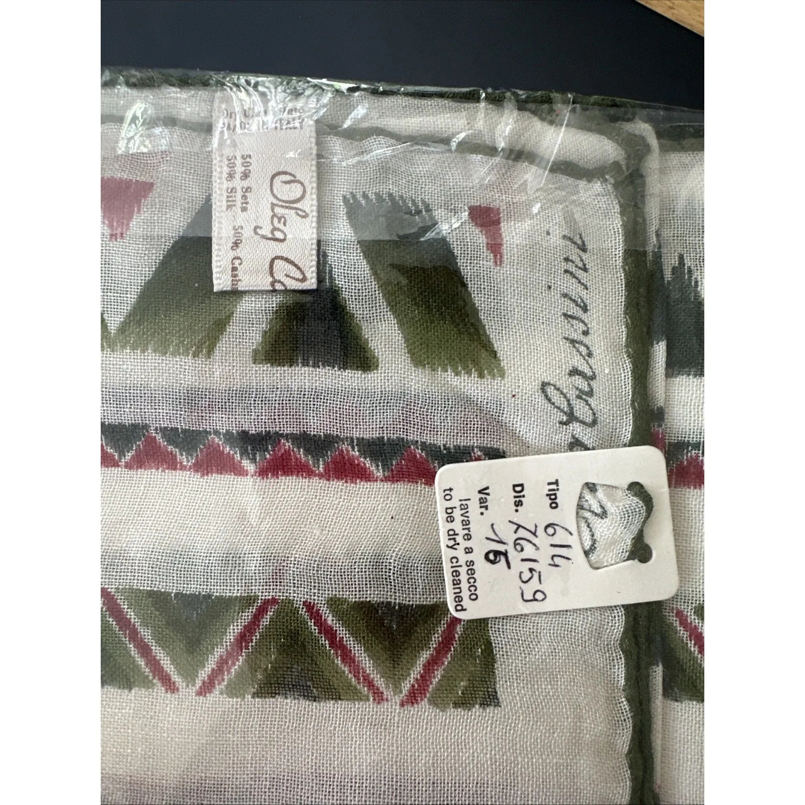 Oleg Cassini Designer Italian Cream, Green + Red Rectangular Silk Cashmere Scarf - Image 3