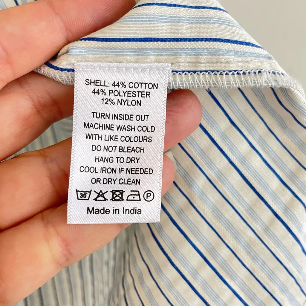 Never a Wallflower High Ruffle Neck Balloon Sleeves Top Blue Stripe Size Small - Image 7