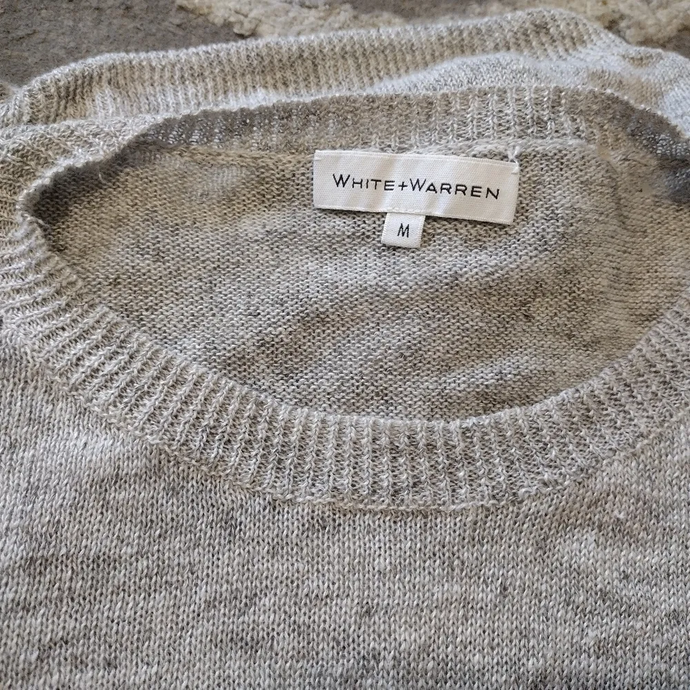 WHITE + WARREN Linen crew neck knot sweater Gray Size M - Image 3