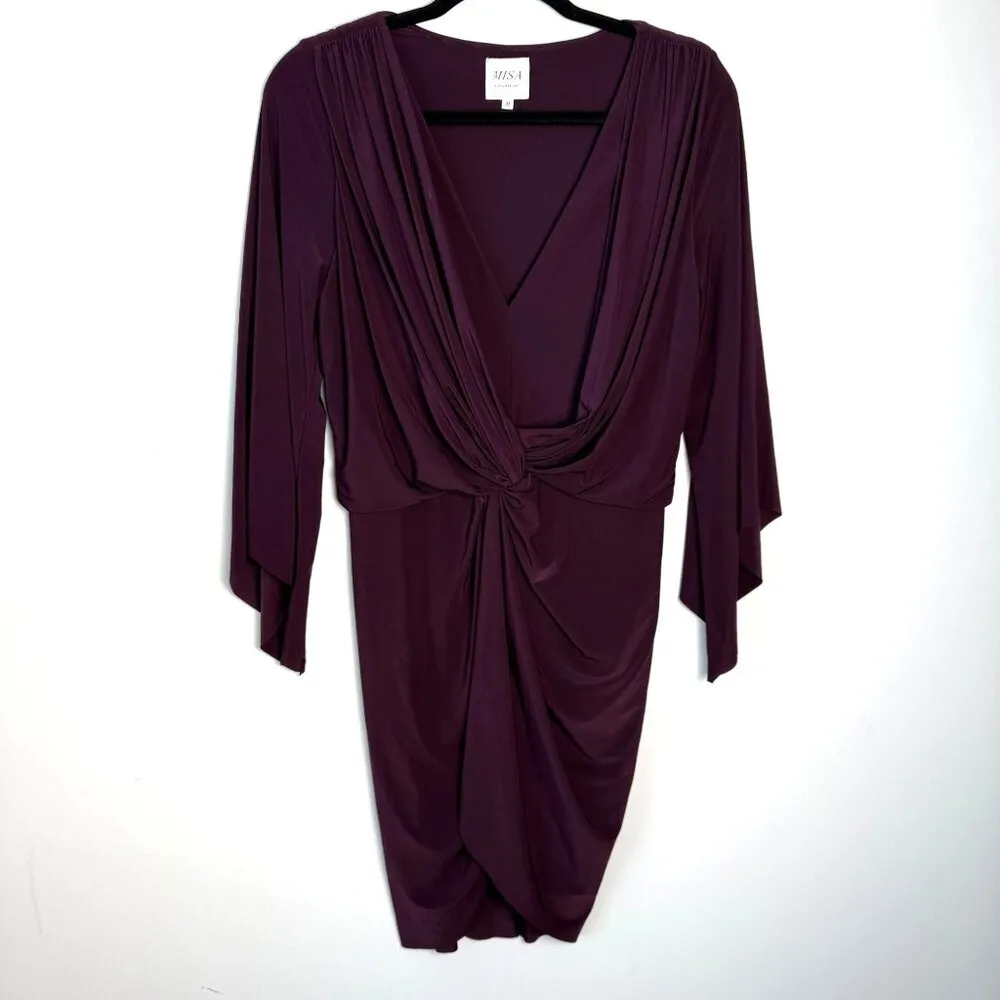 Misa Los Angeles Teget Twist Front Draped Mini Dress Bell Sleeves Plum Purple M - Image 5