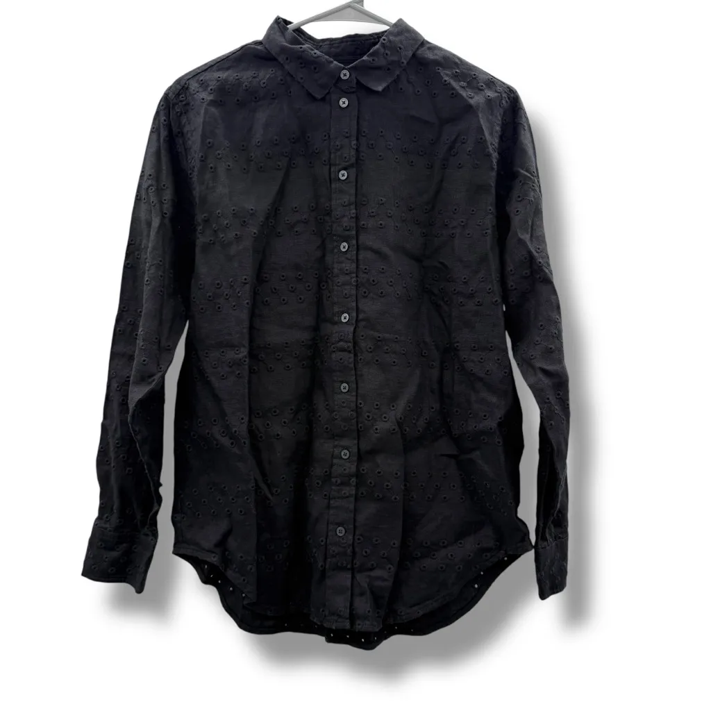 Everlane The Linen Eyelet Relaxed Long Sleeve Button Down Shirt in Black‎ Sz 6 - Image 3