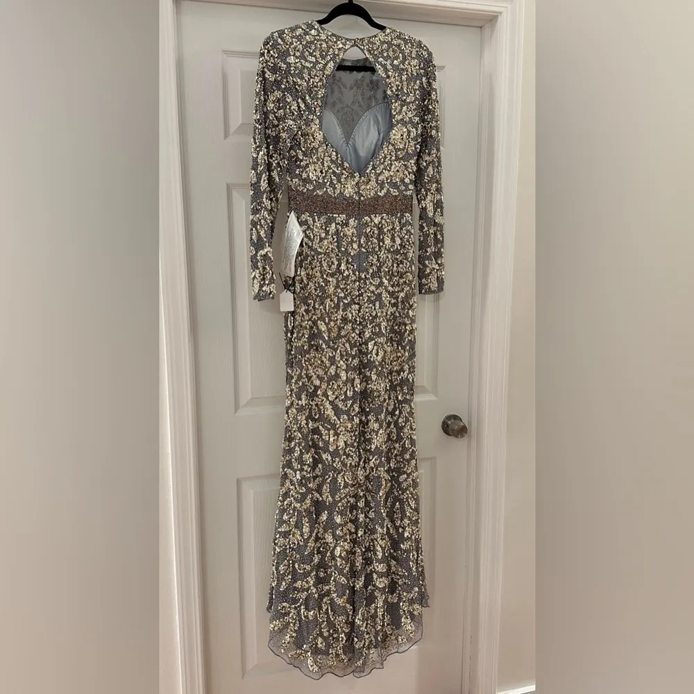 Mac Duggal 4316D Long Sleeve Beaded Formal Black Tie Evening Gown Platinum Gold - Image 11