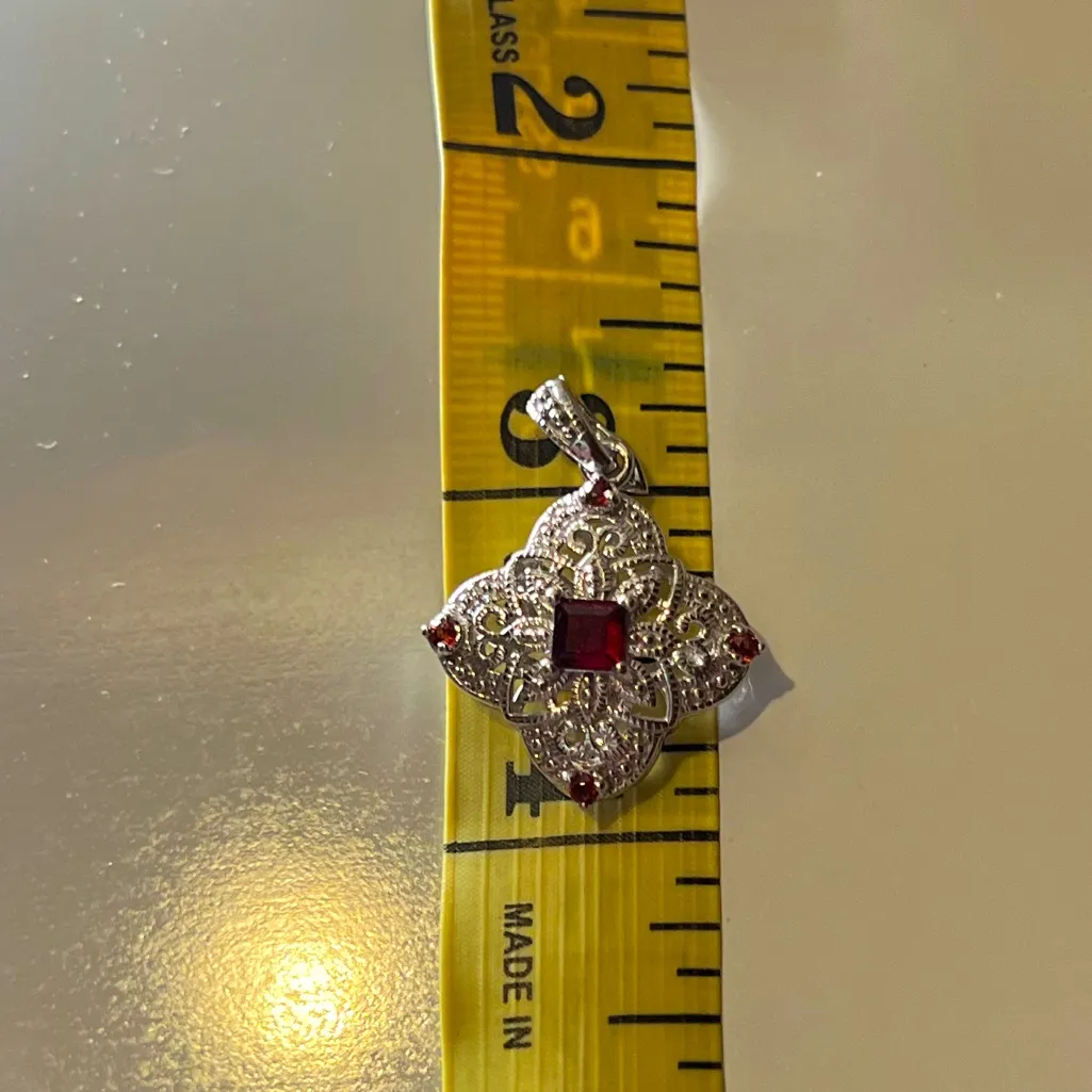 925 Sterling Silver Vintage Real Red Garnet and Marcasite Gemstone Cross Pendant - Image 4