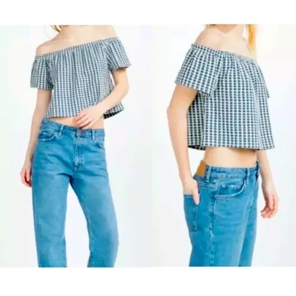 Zara Trafaluc Ginham Blue Crop Top - Image 2