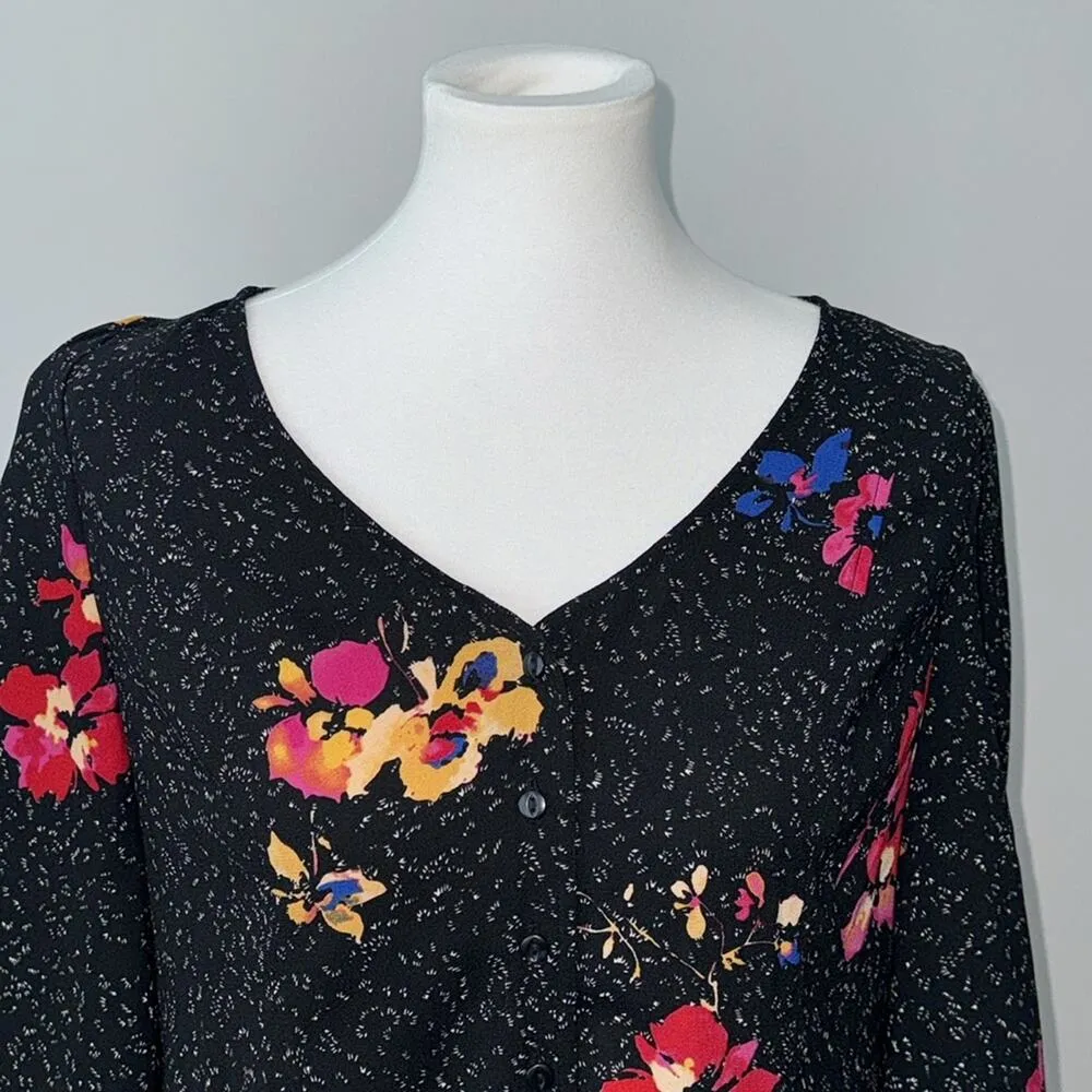 BP. Top Boxy Button Front Flare Sleeve Casual Floral Shirt Womens Medium - Image 2