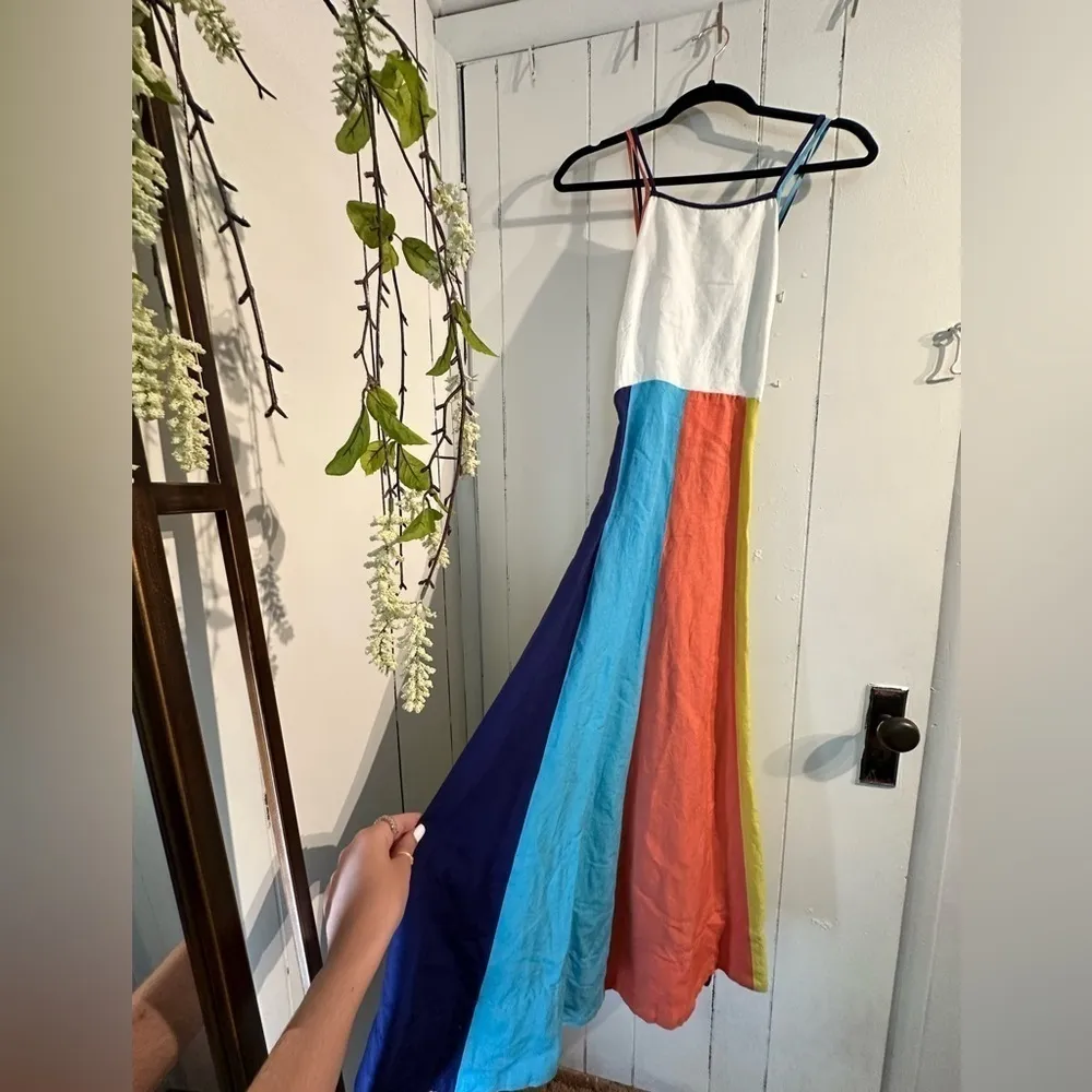 ANTHROPOLOGIE halter midi dress with white blue orange yellow stripes - Image 3