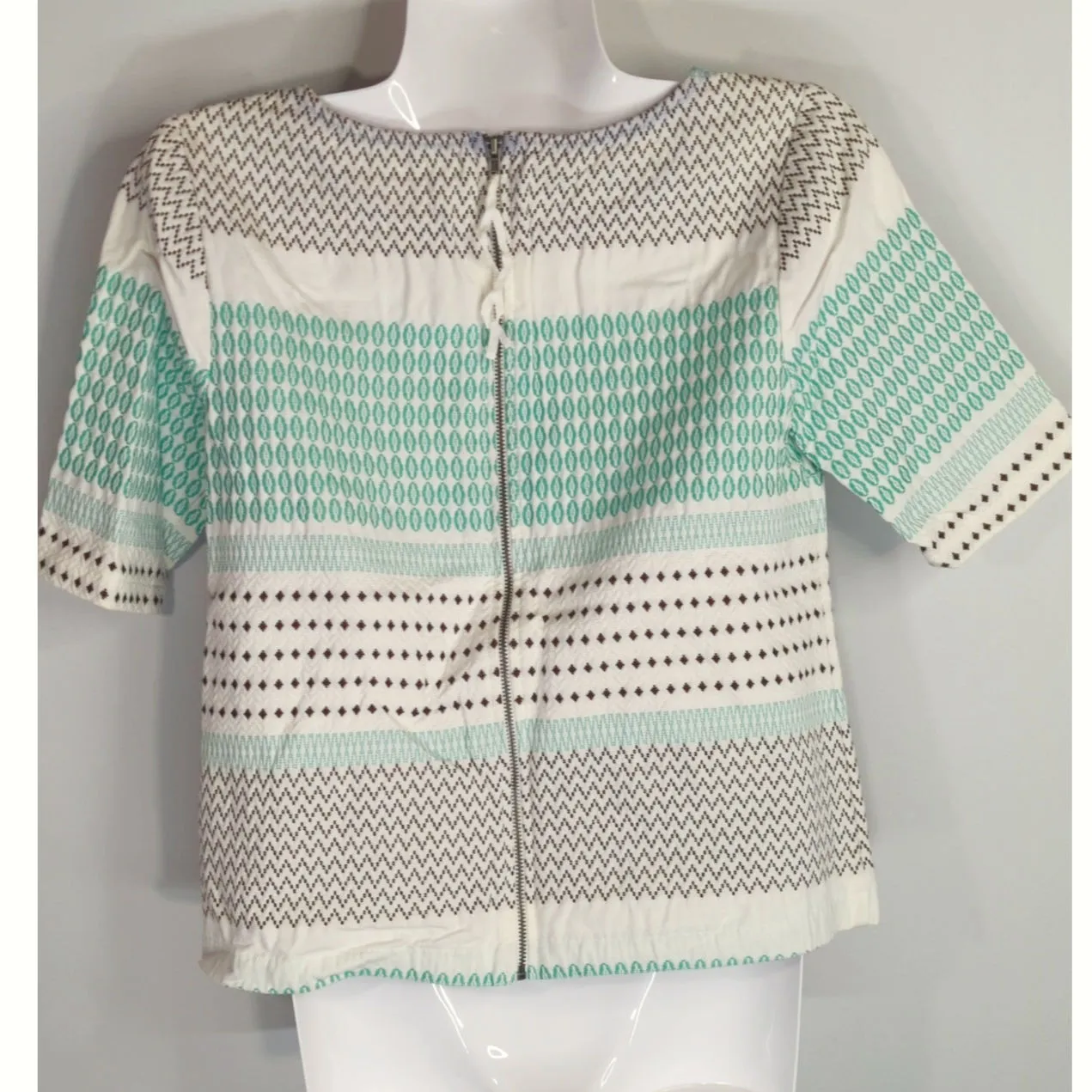 Ella Moss White Brown Teal Zan Back Zip Jacquard Top Women's XS Cotton‎ Casual - Image 5