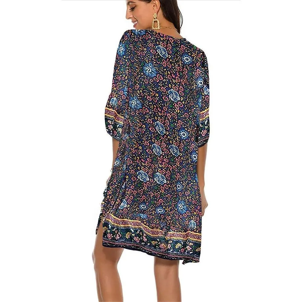 NEW Halife Vintage Ethnic Style Printed Tassel Tie Loose Fit Boho Dress XL Blue - Image 3