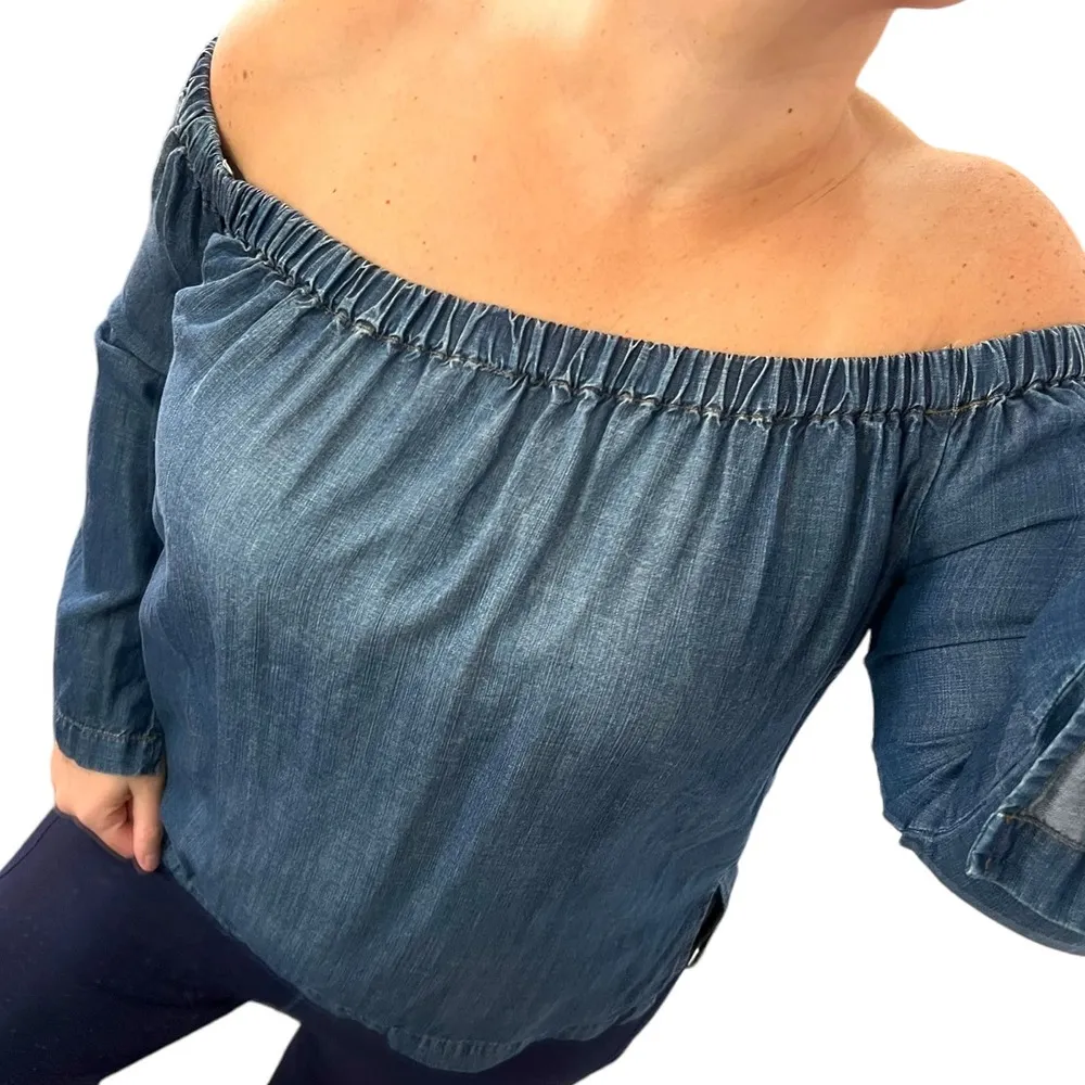 Cloth & Stone SMALL Off Shoulder Elastic Split Sleeve Side Chambray Denim Top - Image 10