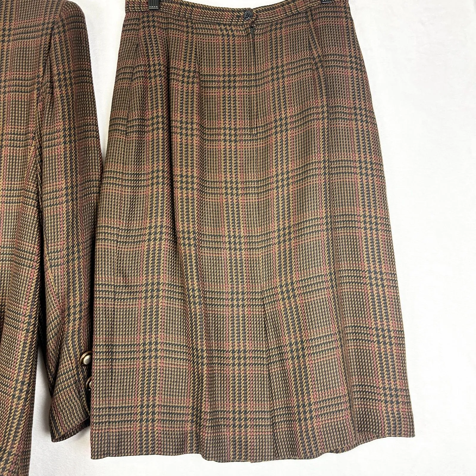 Vintage Houndstooth Plaid Blazer Skirt Suit Size 6 Two Piece Old Money Preppy Brown - Image 8