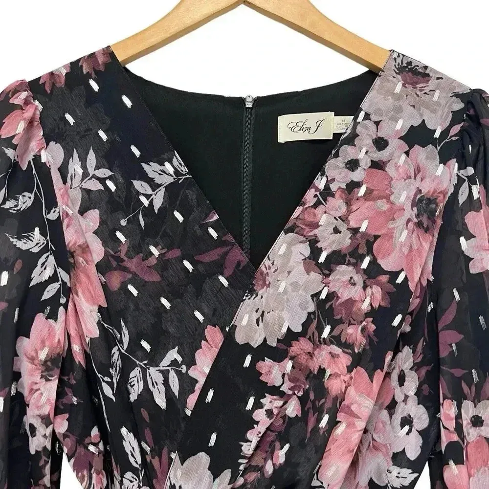 Eliza J Floral Metallic Fleck High Low Dress Puff Sleeve V-Neck Midi Tropical 10 - Image 8