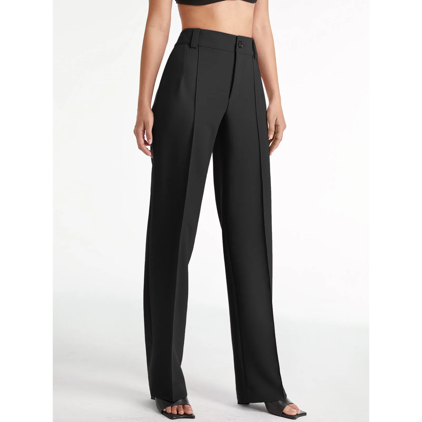 Commense Minimalist High Waisted Pleat Front Solid Black Straight Leg Trousers S - Image 3