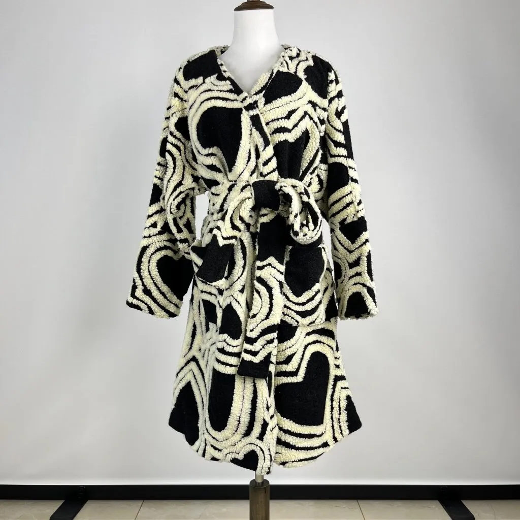 NWOT Farm Rio Wool Blend Wild Hearts Tie-Belt Fleece Coat Size S Black White - Image 7