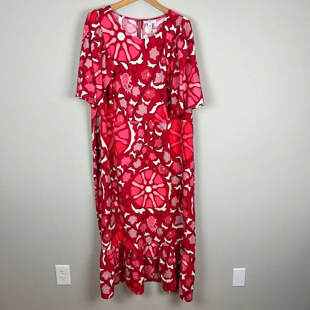 Rhode x Target Dress Womens 30 Red Zinnia Floral Midi Bell Sleeve Ruffle‎ Linen - Image 2