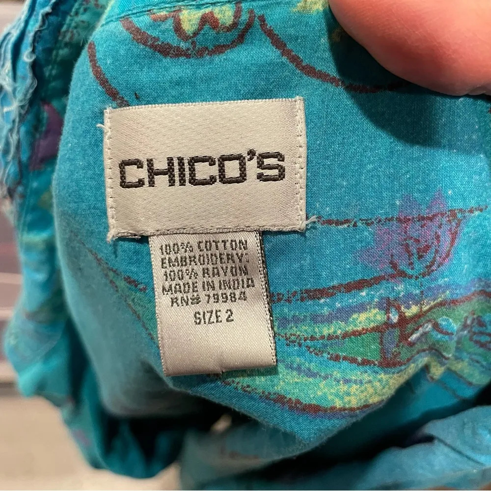 Chico’s aquamarine distressed rainbow embroidery light jacket chunky buttons - Image 8