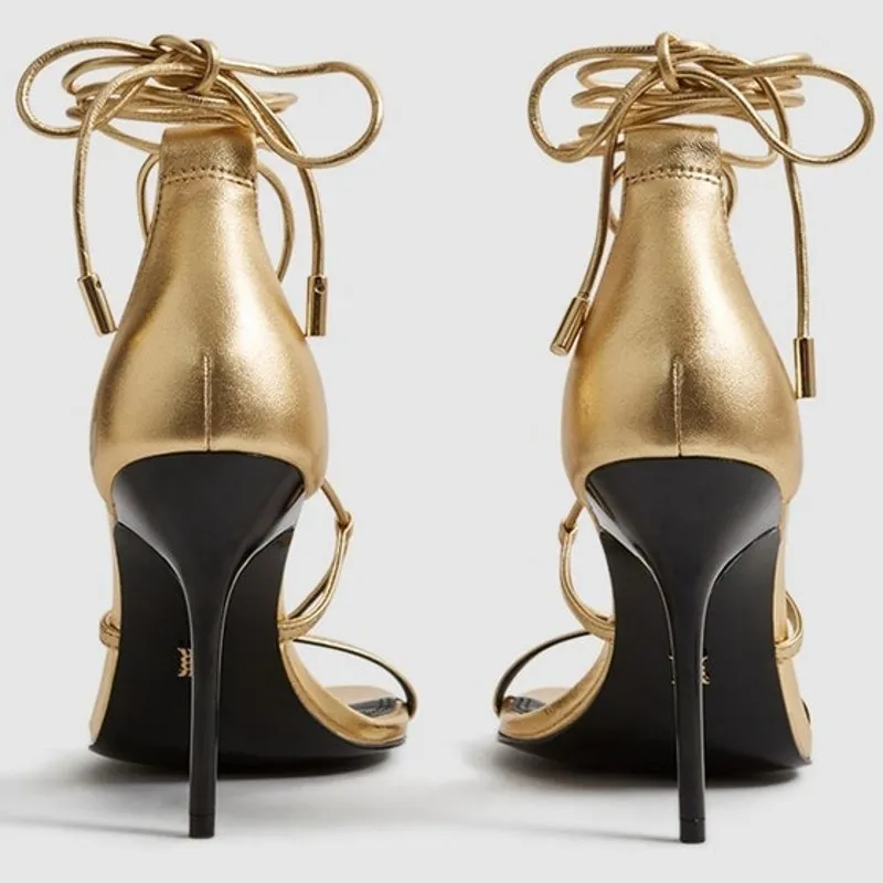 Reiss Kali Leather strappy Stiletto wrap Sandals in gold Metallic size 37 NWOT - Image 4