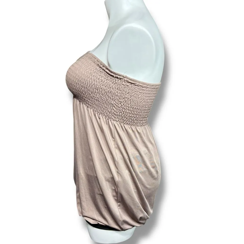 Boutique Womens Smocked Strapless Top Blouse Shirt Bubble Hem Y2K Tan Brown XL - Image 5