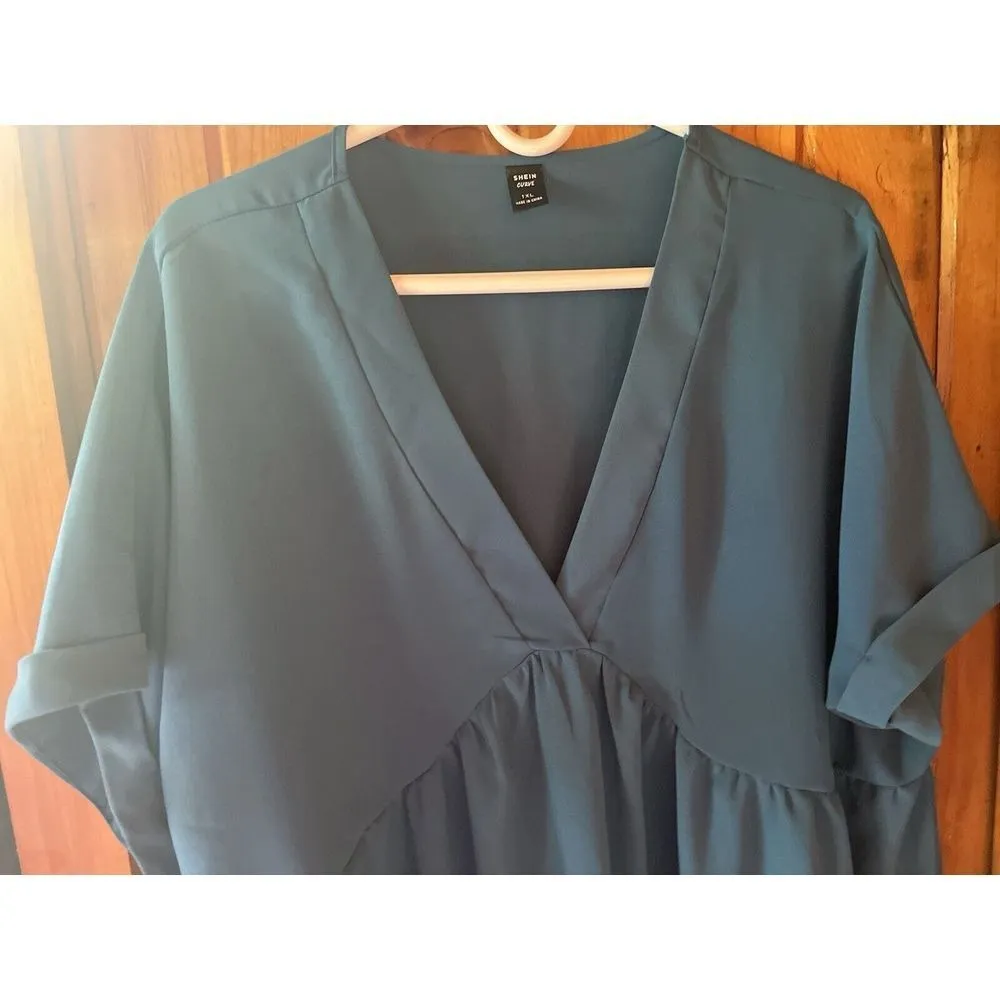 Teal Blue V-Neck Tiered Midi‎ Dress Flowy Summer Casual Boho Chic Size 1XL - Image 3