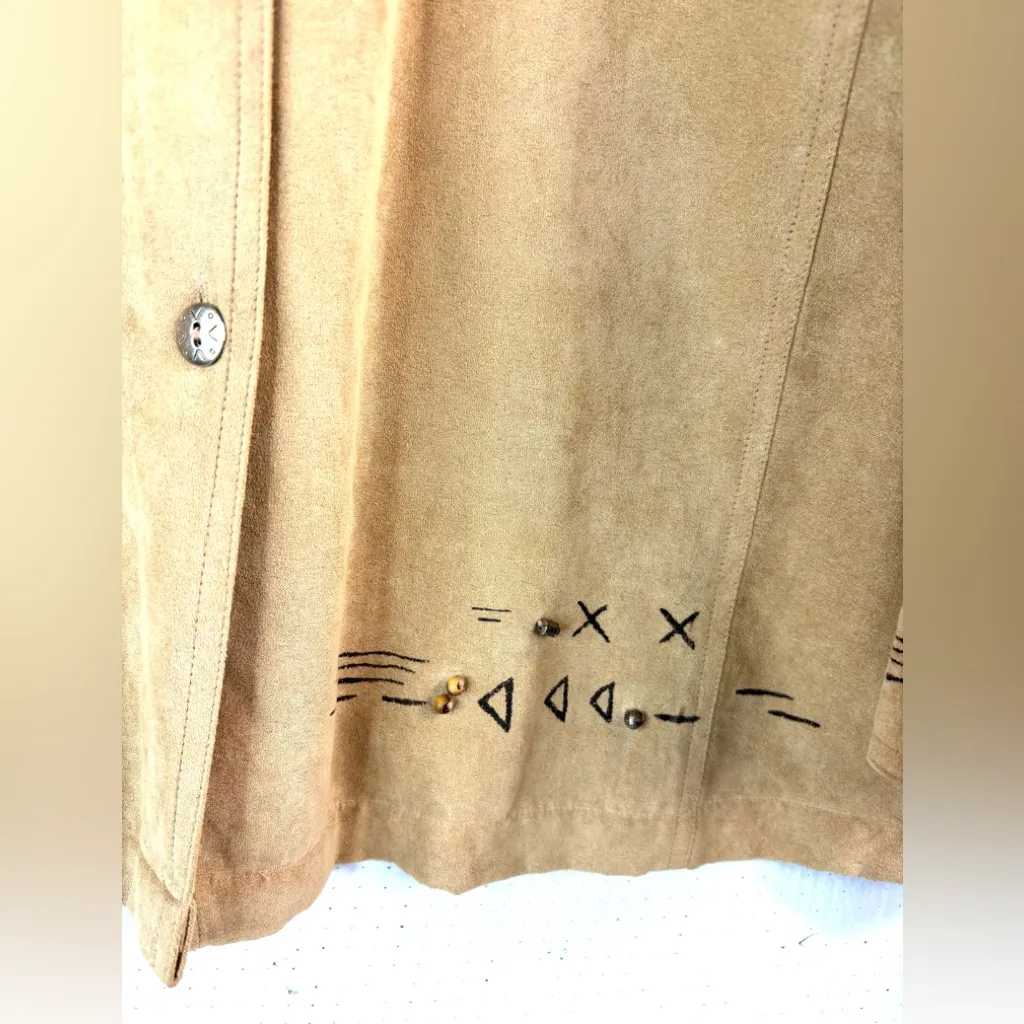 Erin London L Western Southwest Faux Suede Embroidered Tan Button Down Shirt Size L - Image 4