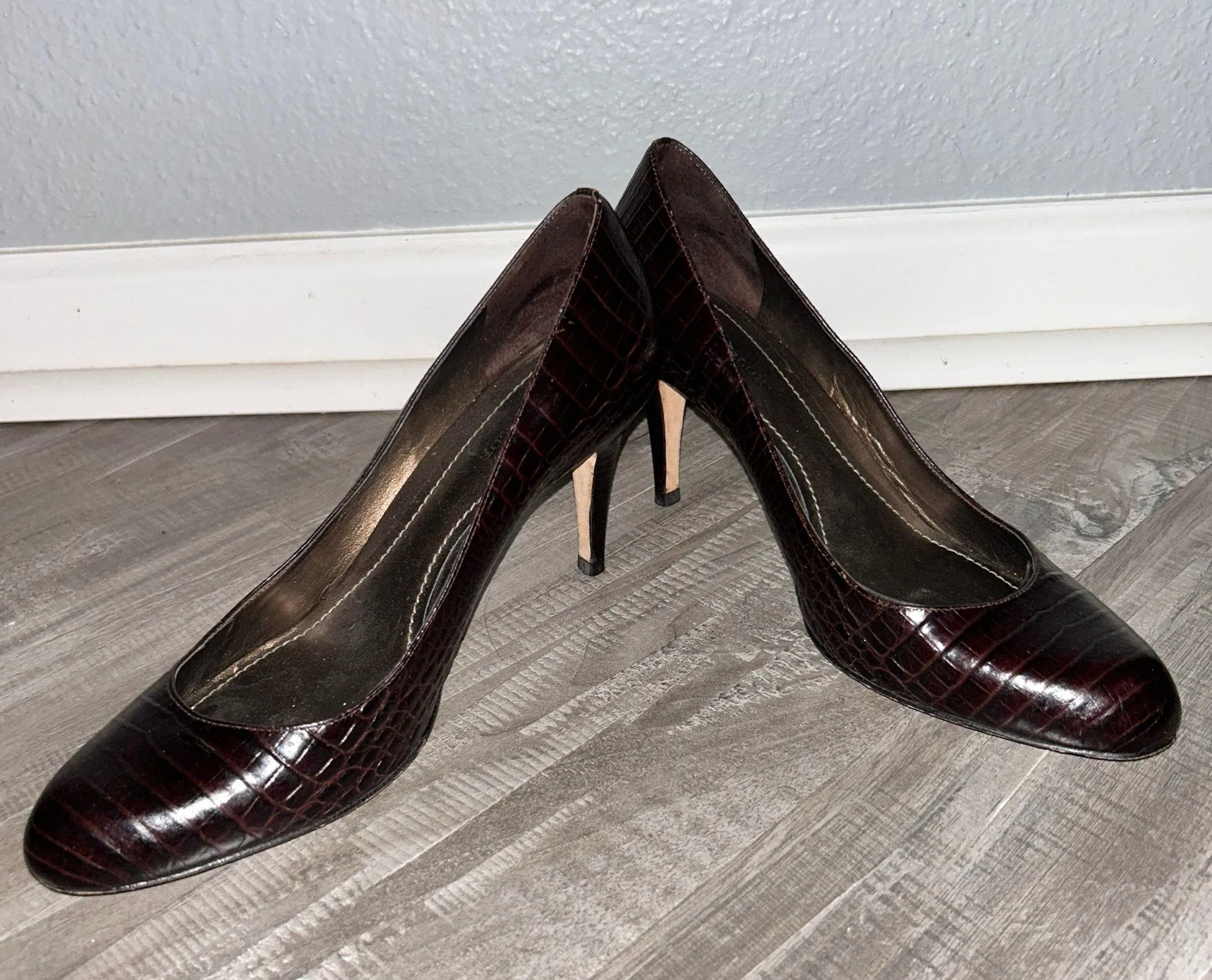 Dark Brown Alligator Style Textured Leather Pumps Size 8 - Image 2