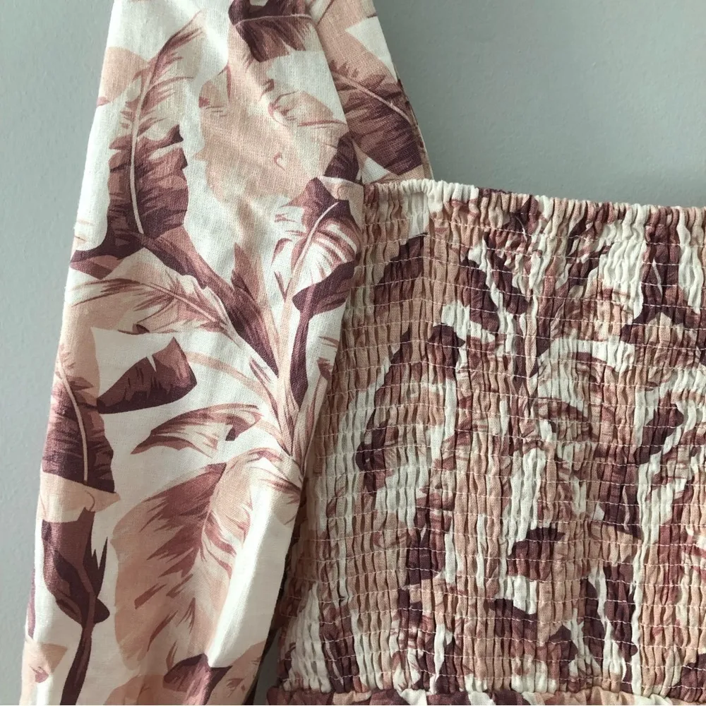 House of Harlow 1960 Linen Smocked Leaf Print Dress NEW - Image 5