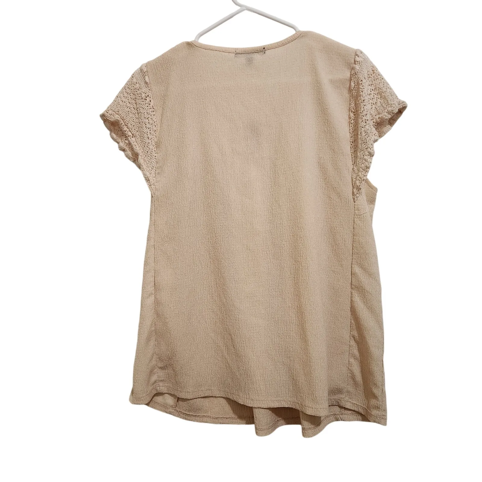 Adrienne Vittadini Beige Flutter Sleeve Tie-Neck Crochet Lace Boho Blouse Large - Image 2