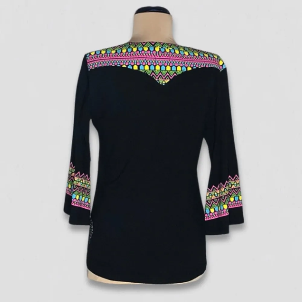 Know Mexico Boho Blouse Ethnic Print Black Cotton Stretch Medium - Image 2