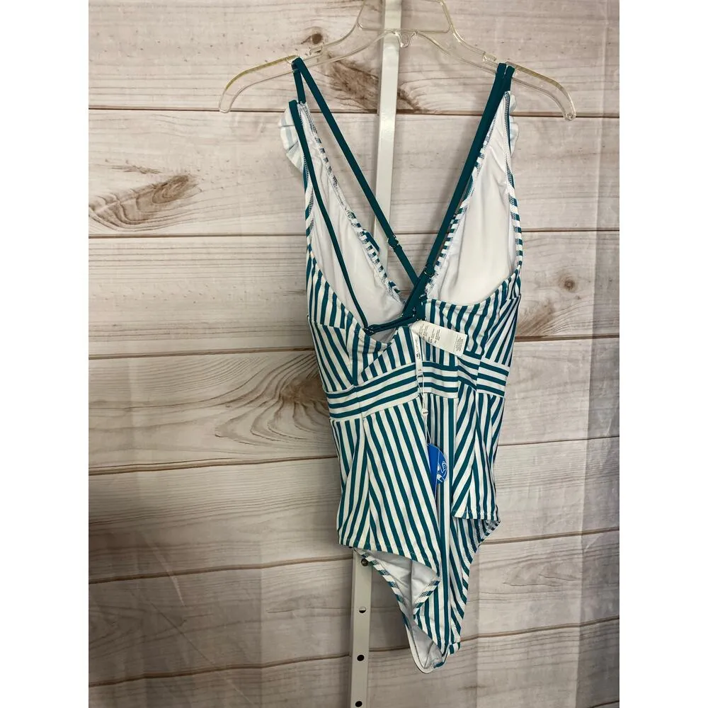 Cupshe Size XXL Green White Stripe Ruffle One Piece Swimsuit Nautical Sailor NWT - Image 3