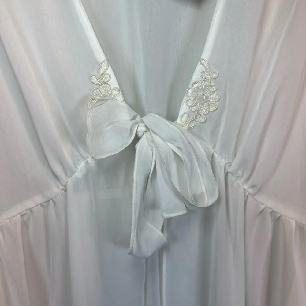 Belle Nuit Intimates Tie Waist Sheer Robe Ivory Beaded Embroidered Bridal Medium White - Image 5