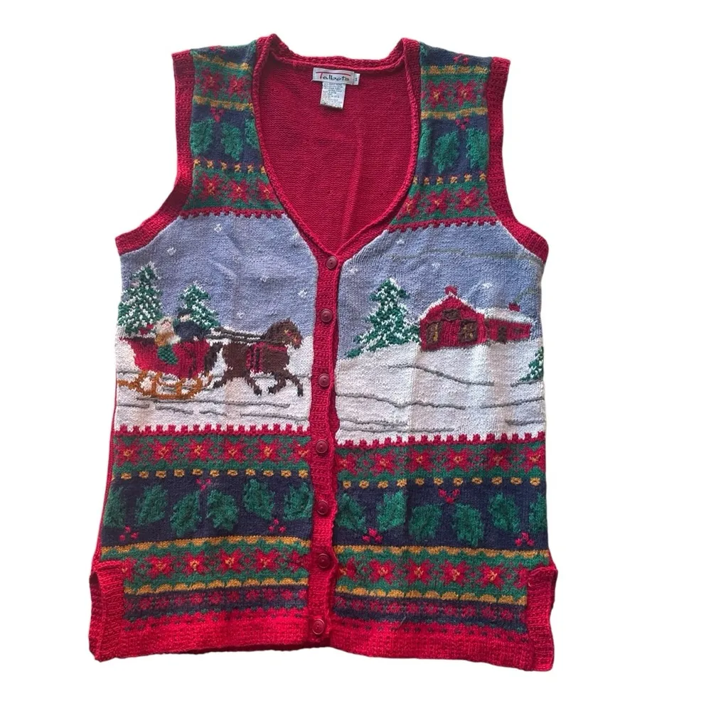 Talbots Christmas Sweater Knit Vest Red Green Size Medium Winter Holiday Novelty - Image 8
