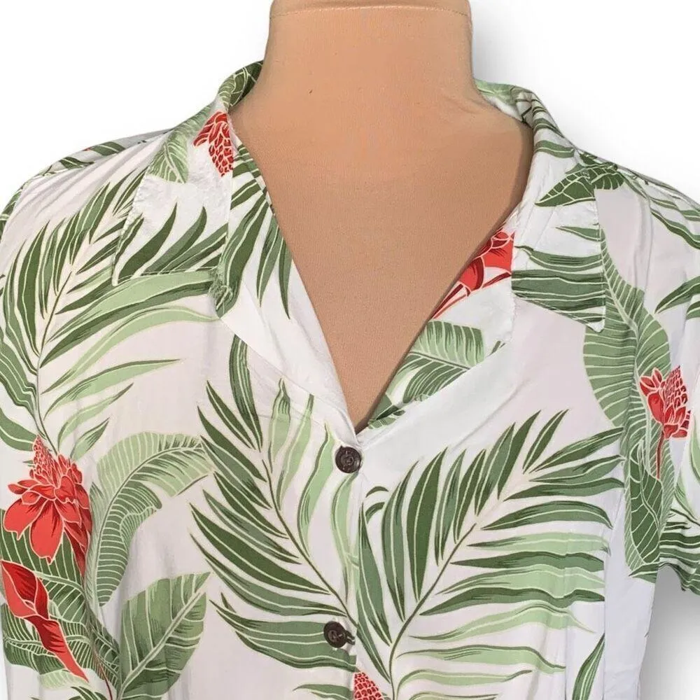 Vintage Bishop St. Apparel Shirt Green Tropical Palm Floral Print Button Down White Size L - Image 2