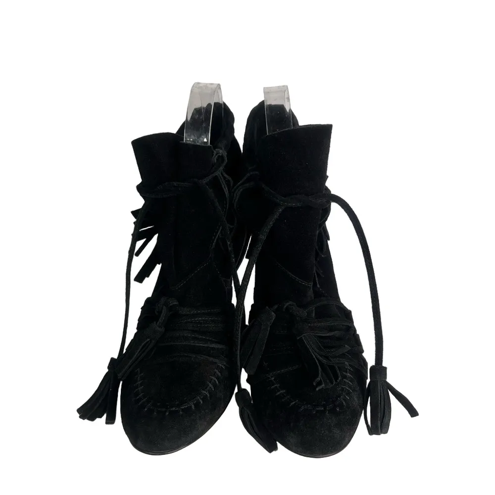 Zara Black Suede Fringe Women’s Ankle Tie Boots Size 6.5 #1201A - Image 2