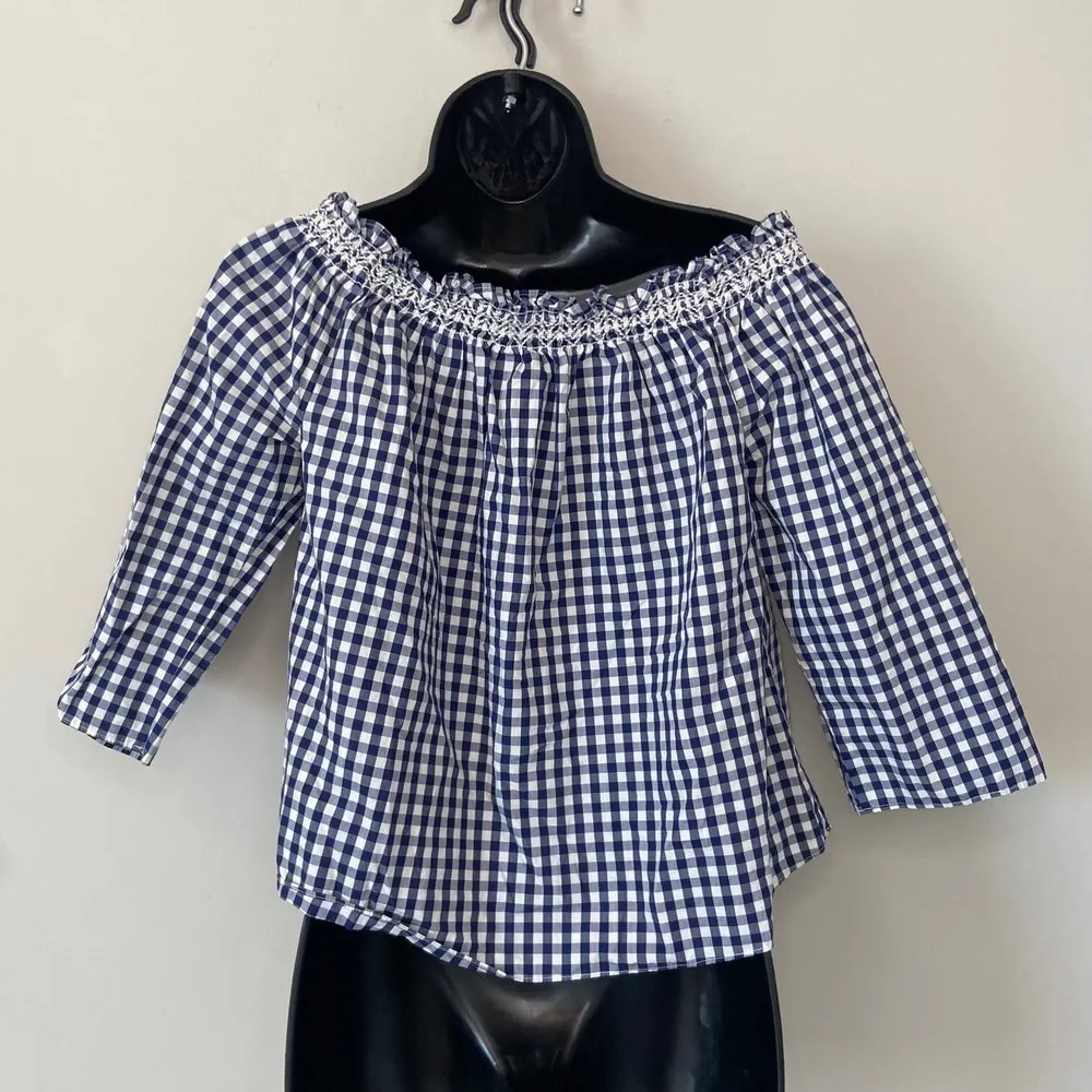 Madewell Blue Checkered Gingham Smocked Neck Off Shoulder Blouse Sz XXS - Image 5