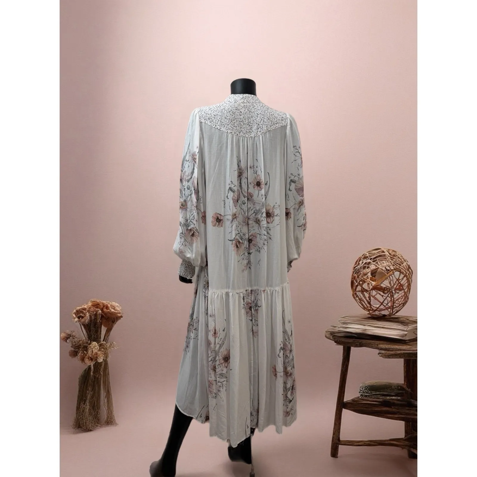 H&M Floral Boho‎ Midi Dress White Pink Long Sleeve Lyocell Viscose Size 4 NWT - Image 6