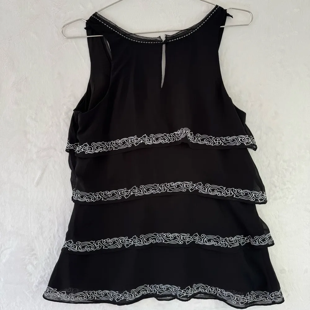 White House Black Market WHBM Tiered Ruffle Semi Sheer Overlay Embroidered Tank - Image 3