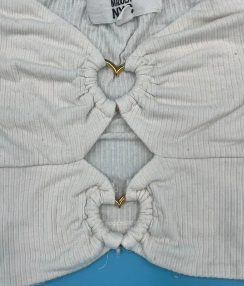 White Madden NYC Gold Heart O-Ring Puff Sleeve Top Women's Size S - Image 6