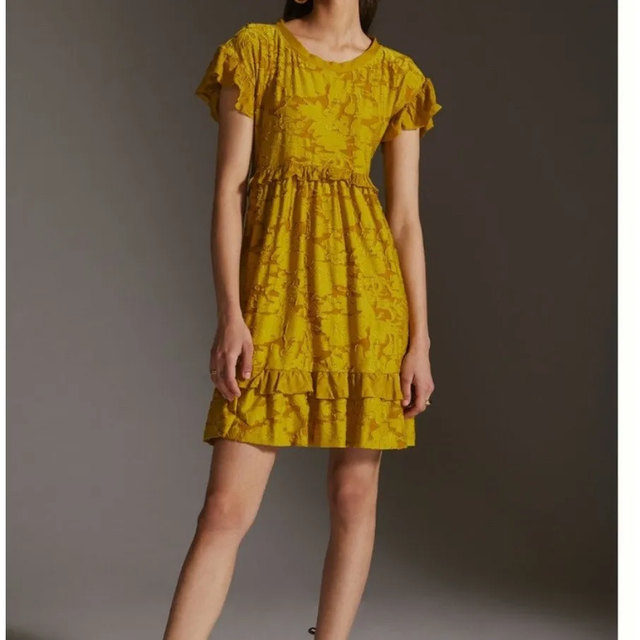 Anthropologie‎ Ruffle Knit Mini Dress Mustard Yellow XS Open Back Short Sleeve - Image 4