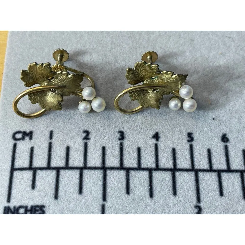 Vintage Krementz Earrings Gold Overlay Pearls Grape Leaf Screw Back Coquette - Image 2