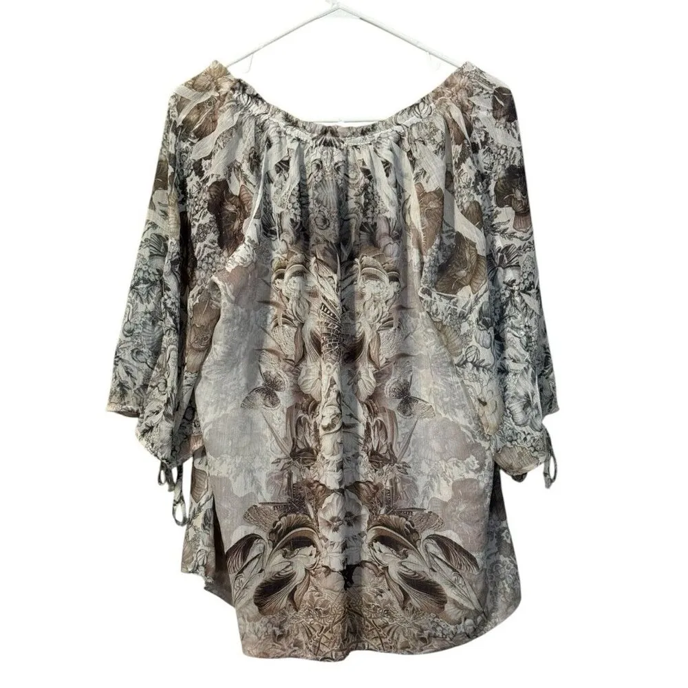 One World Live & Let Live Blouse Sz 1X Artsy Floral Lightweight Lined Tie Sleeve - Image 2