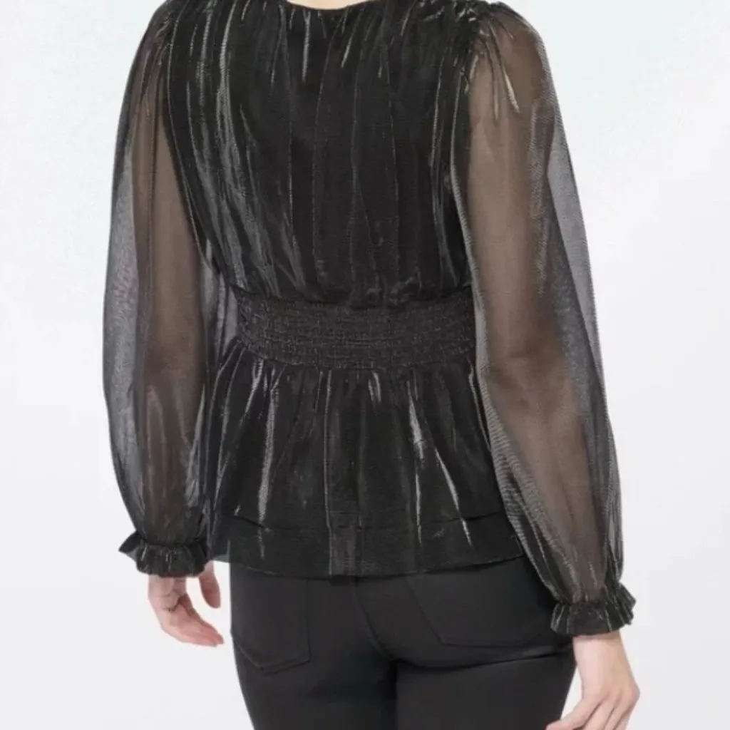 Le Serein Calais Smocked Mesh Long Sleeve Top Shirt Blouse Metallic Small NWT Gray - Image 3