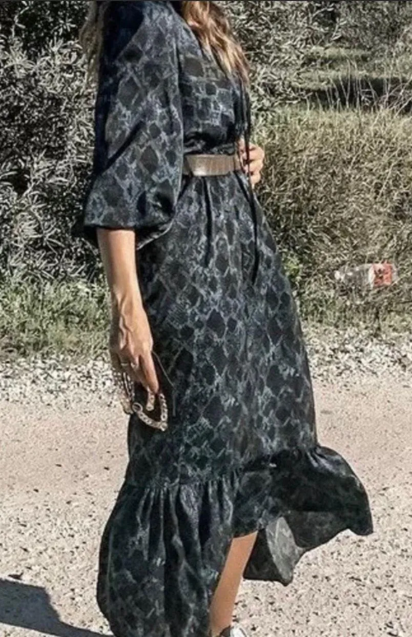 Printed Midi Dress Zara Blue Long Printed Dress Zara Blue Black Snake  Printed Midi Flowy Ruffle