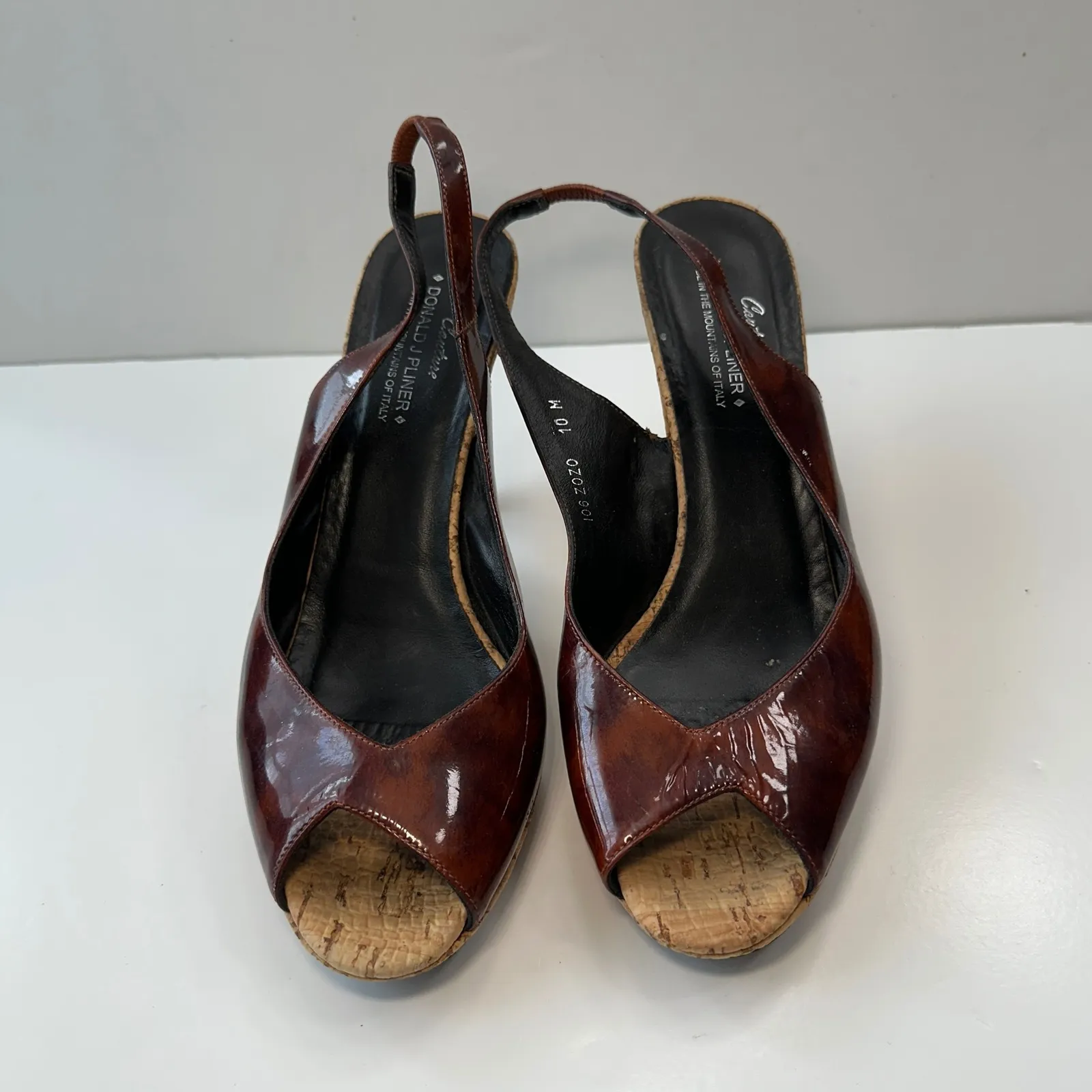 Donald J Pliner Slingback Heels Cork Wedge Peep Toe Brown‎ Leather Womens 10M Brown Size 10 - Image 2