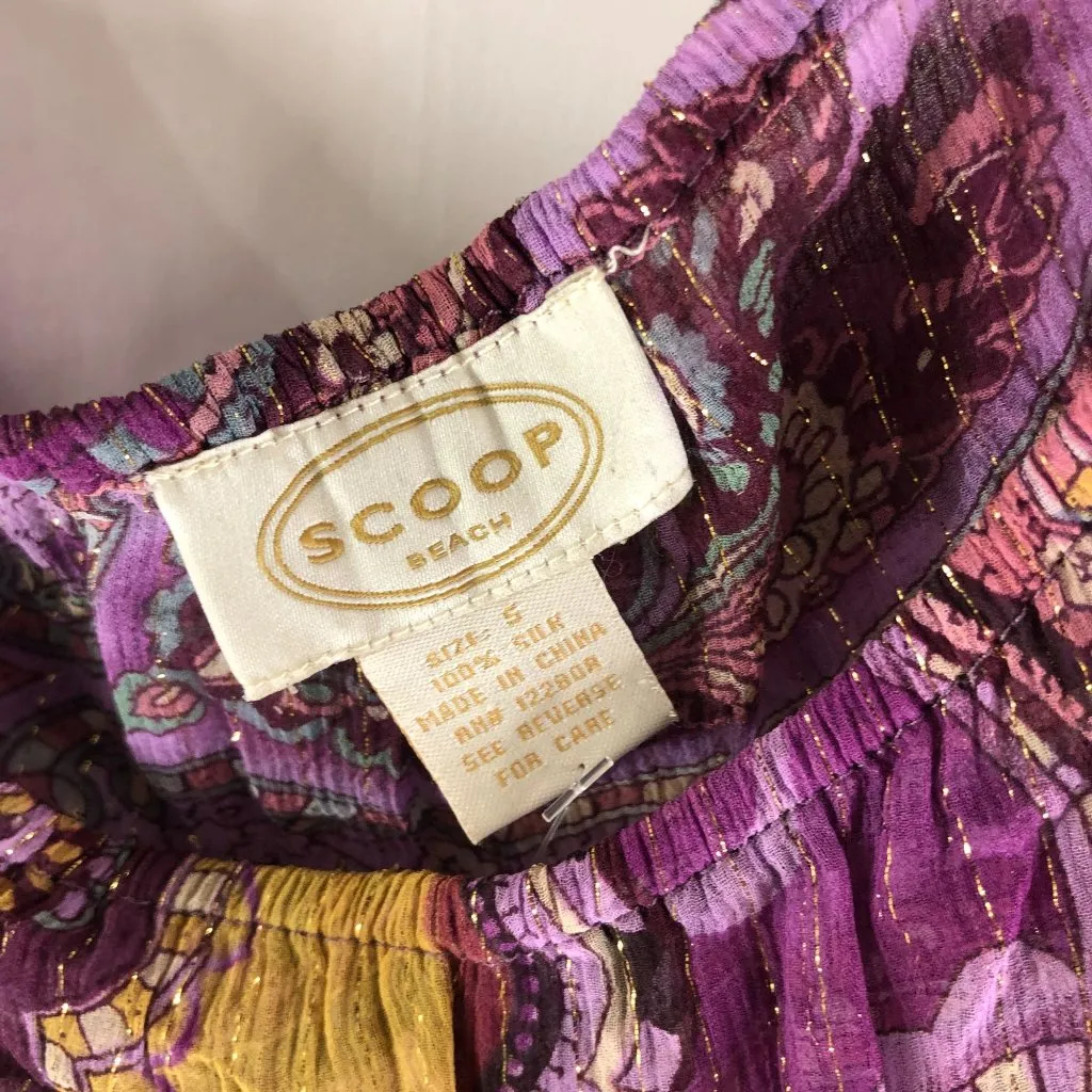 Scoop Beach Womens Paisley Sheer Silk Top Cover Up Tie Waist Purple & Yellow S - Image 3
