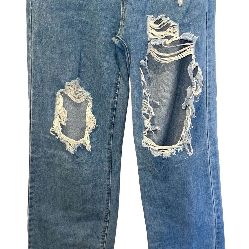 Womens High Rise Ripped Distressed Straight Leg Mom Jeans Blue‎ Small Blue - Image 3