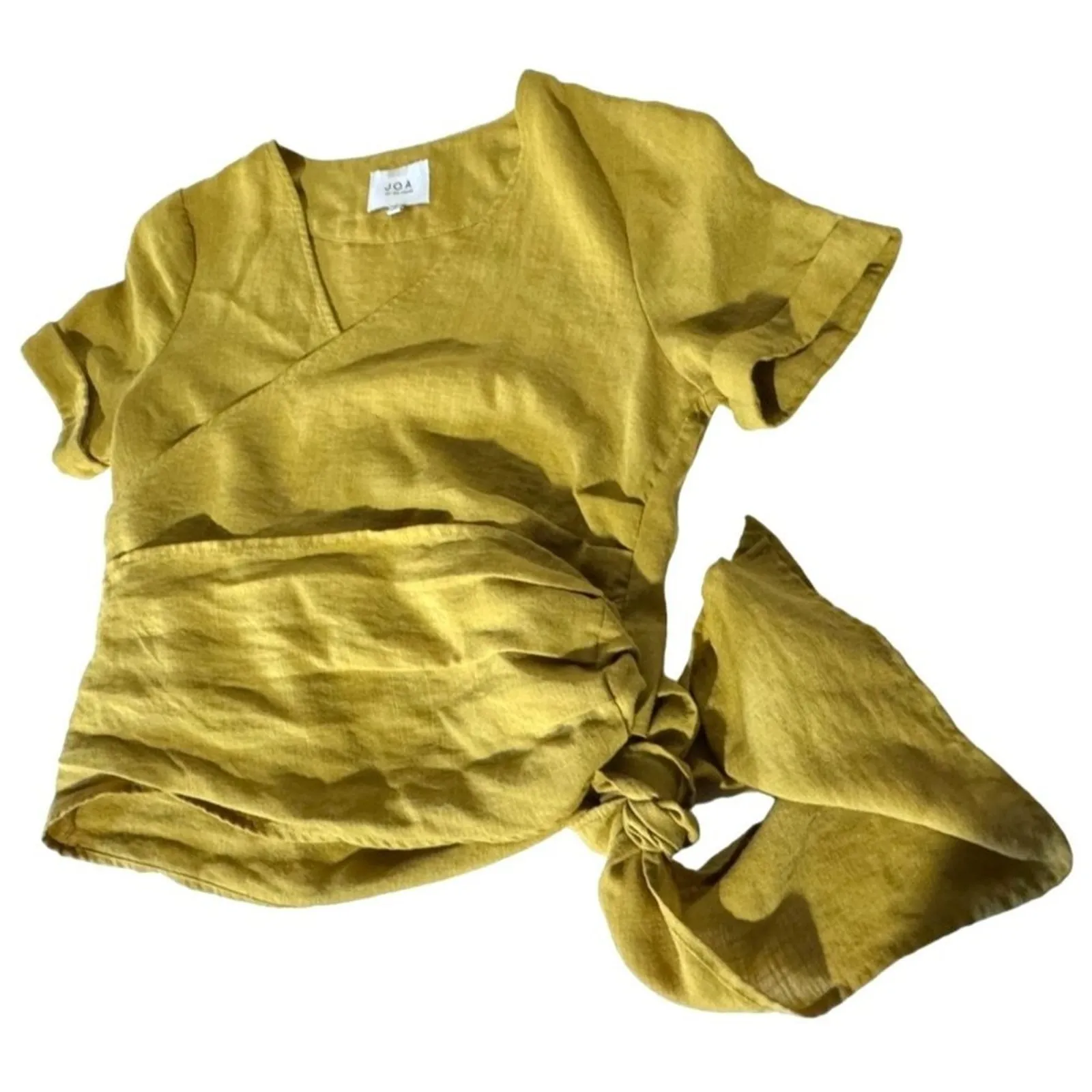 J.O.A. Womens Wrap Front Linen Blend Crop Top Size Medium Yellow/Green - Image 2