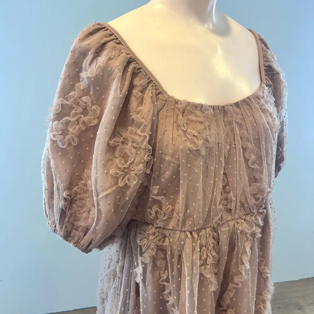 NWT Polagram Zelda Dress Tan Mesh Tulle Ruffled Square Neck - Image 4