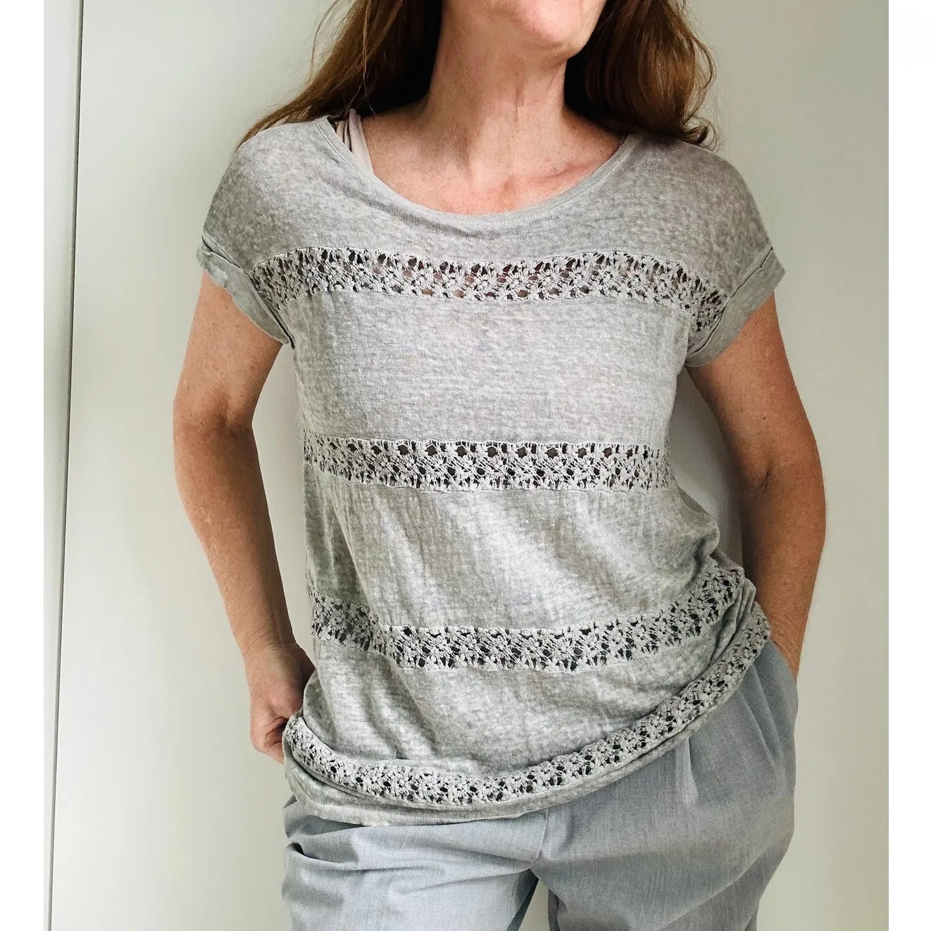Anthropologie AKEMI + KIN Grey Lattice Linen T shirt Greym Size Small Coquette - Image 5