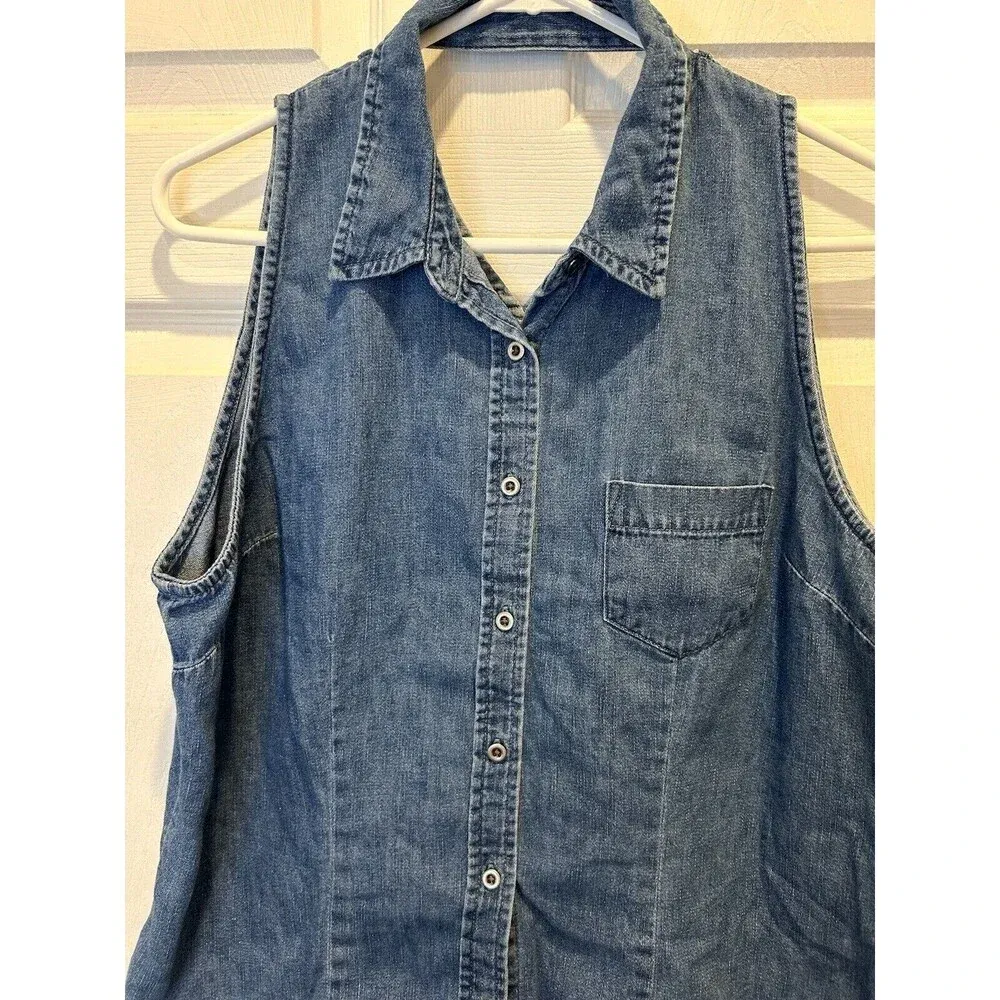 Y2K Faded Glory Jean‎ Shirt Size XL Denim Sleeveless Collared Cutout V-neck - Image 3