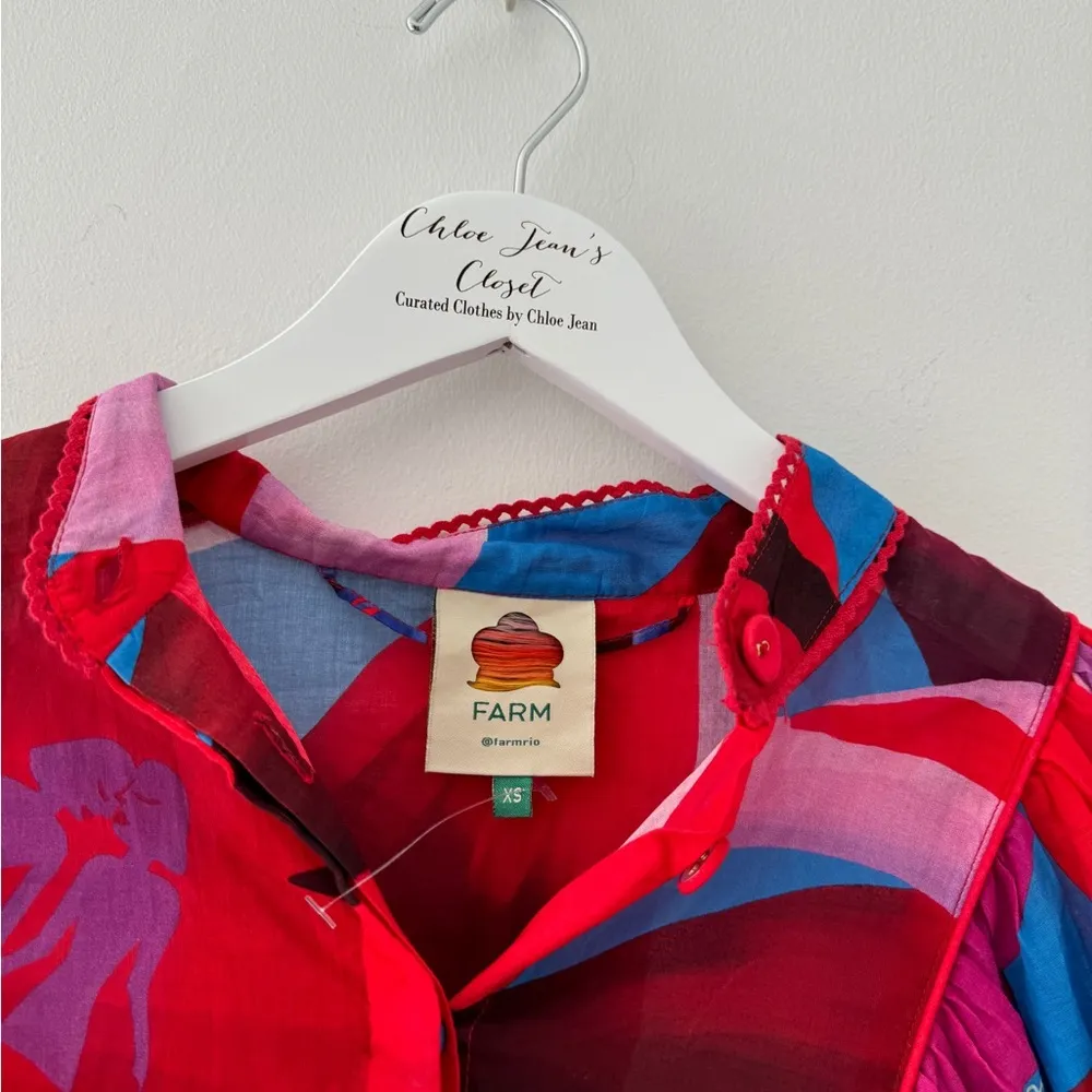 FARM RIO Red Watercolor Floral Long Sleeve Blouse XS - Image 7